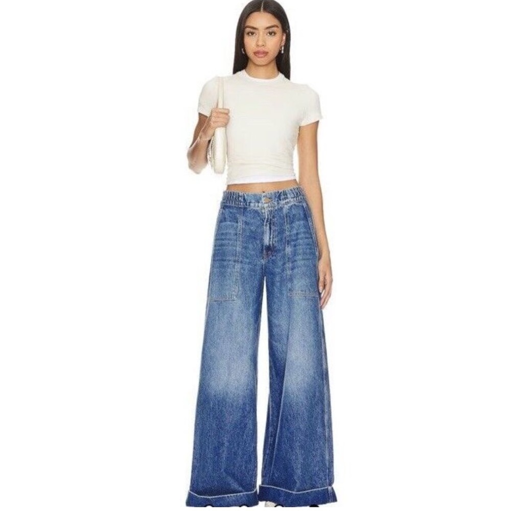 MOTHER Wide Leg Flare Jeans in Blue Denim